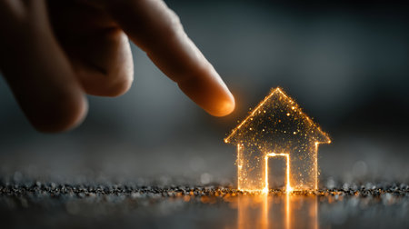 A hand selects a glowing hologram of a golden house, among old houses, symbolizing success in real estate and investment choice.の素材