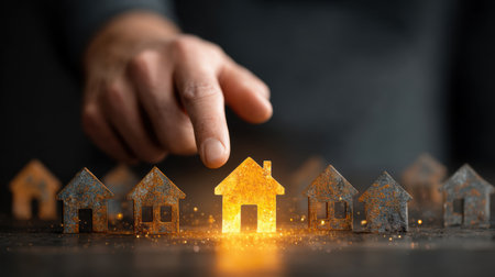 A hand selects a glowing hologram of a golden house, among old houses, symbolizing success in real estate and investment choice.の素材