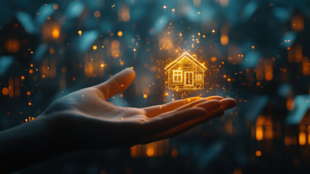 A hand selects a glowing hologram of a golden house, among old houses, symbolizing success in real estate and investment choice.の素材
