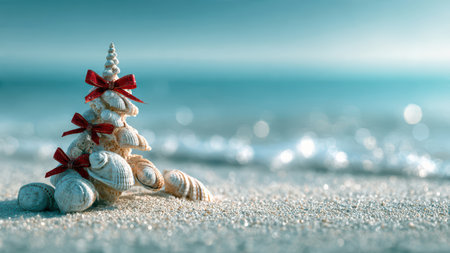 Seashell Christmas tree on sandy beach by the ocean.の素材
