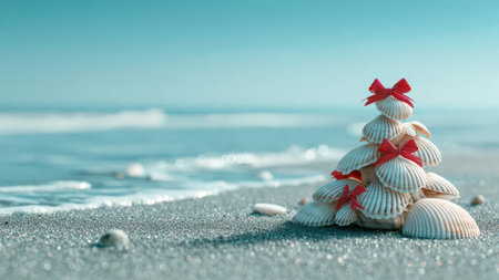 Seashell Christmas tree on sandy beach by the ocean.の素材