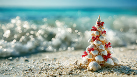 Seashell Christmas tree on sandy beach by the ocean.の素材