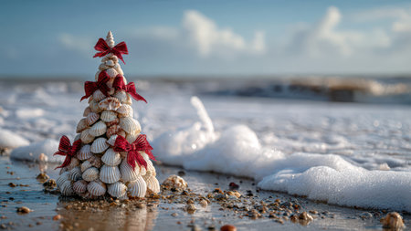 Seashell Christmas tree on sandy beach by the ocean.の素材