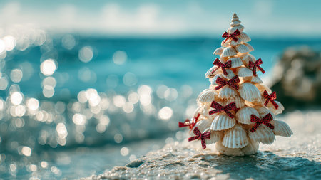 Seashell Christmas tree on sandy beach by the ocean.の素材