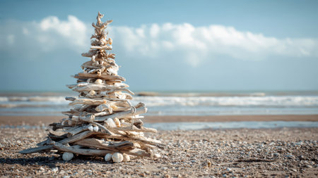 Seashell Christmas tree on sandy beach by the ocean.の素材