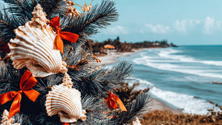 Seashell Christmas tree on sandy beach by the ocean.の素材