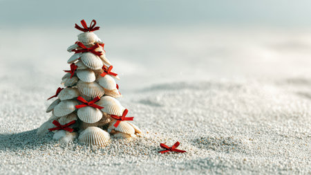 Seashell Christmas tree on sandy beach by the ocean.の素材