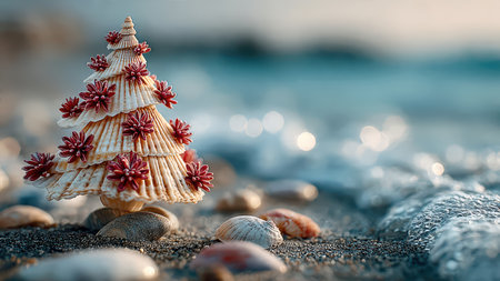 Seashell Christmas tree on sandy beach by the ocean.の素材