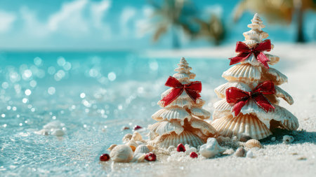Seashell Christmas tree on sandy beach by the ocean.の素材