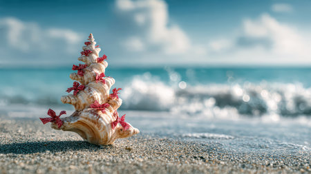 Seashell Christmas tree on sandy beach by the ocean.の素材