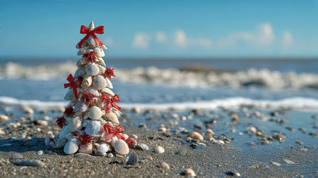 Seashell Christmas tree on sandy beach by the ocean.の素材