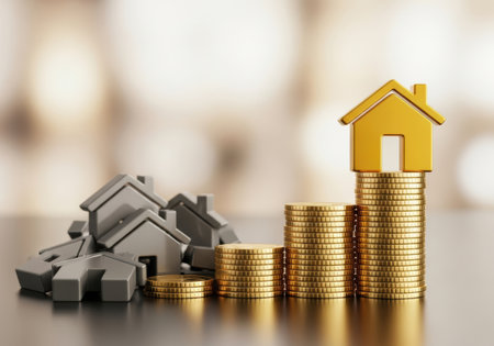 Golden House Icon on Coin Stacks Representing Real Estate Investment and Property Growth.の素材