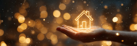 Hand Holding Glowing Holographic House Icon with Christmas Lights and Falling Snow.の素材