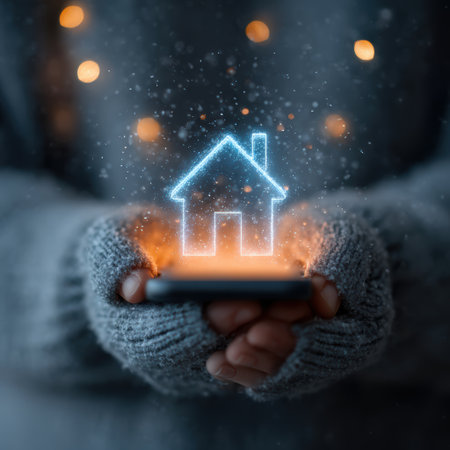 Hand Holding Glowing Holographic House Icon with Christmas Lights and Falling Snow.の素材