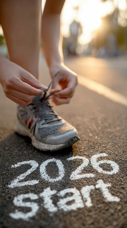 Determined runner at the start line marked START and 2026, symbolizing new goals, ambitions, and success in the new year.の素材