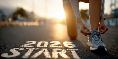 Determined runner at the start line marked START and 2026, symbolizing new goals, ambitions, and success in the new year.の素材