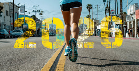 Determined runner at the start line marked START and 2026, symbolizing new goals, ambitions, and success in the new year.の素材
