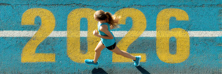 Determined runner at the start line marked START and 2026, symbolizing new goals, ambitions, and success in the new year.の素材