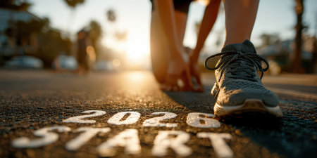 Determined runner at the start line marked START and 2026, symbolizing new goals, ambitions, and success in the new year.の素材
