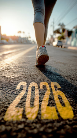 Determined runner at the start line marked START and 2026, symbolizing new goals, ambitions, and success in the new year.の素材