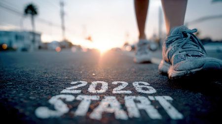 Determined runner at the start line marked START and 2026, symbolizing new goals, ambitions, and success in the new year.の素材