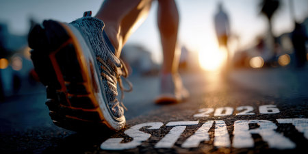Determined runner at the start line marked START and 2026, symbolizing new goals, ambitions, and success in the new year.の素材