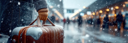 A traveler holds a suitcase by the handle of a suitcase during a snowfall against the backdrop of the airport.の素材