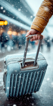 A traveler holds a suitcase by the handle of a suitcase during a snowfall against the backdrop of the airport.の素材