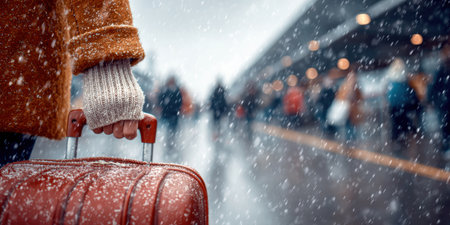 A traveler holds a suitcase by the handle of a suitcase during a snowfall against the backdrop of the airport.の素材