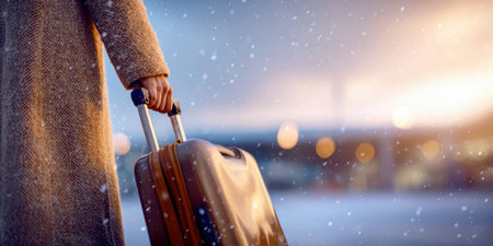 A traveler holds a suitcase by the handle of a suitcase during a snowfall against the backdrop of the airport.の素材