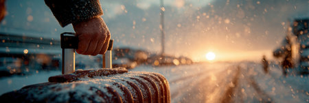 A traveler holds a suitcase by the handle of a suitcase during a snowfall against the backdrop of the airport.の素材