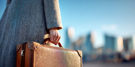 A traveler holds the handle of a suitcase against the backdrop of the airport in the warm morning light.の素材