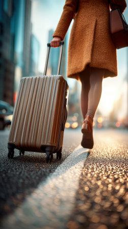 A traveler holds the handle of a suitcase against the backdrop of the airport in the warm morning light.の素材