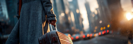 A traveler holds the handle of a suitcase against the backdrop of the airport in the warm morning light.の素材