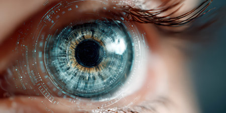 Close-up of a human eye with a glowing digital biometric scanning interface, futuristic technology concept.の素材