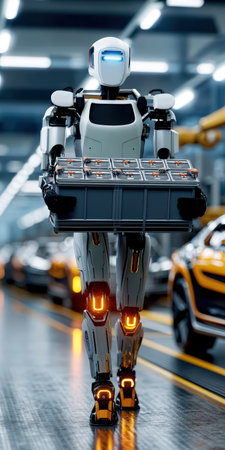 Advanced humanoid robot working on automated car manufacturing assembly line.の素材