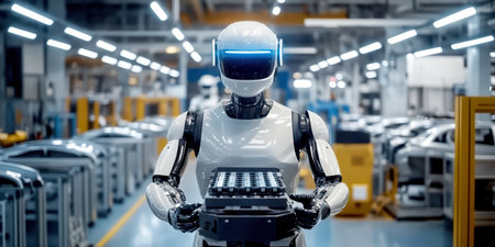 Advanced humanoid robot working on automated car manufacturing assembly line.の素材