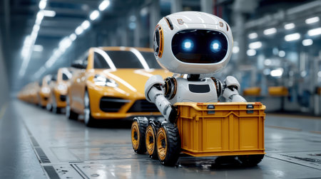 Advanced humanoid robot working on automated car manufacturing assembly line.の素材