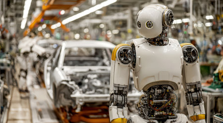 Advanced humanoid robot working on automated car manufacturing assembly line.の素材
