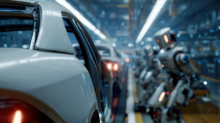 Advanced humanoid robot working on automated car manufacturing assembly line.の素材