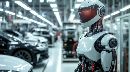 Advanced humanoid robot working on automated car manufacturing assembly line.の素材