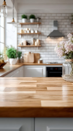 Wooden kitchen countertop in modern bright interior with blurred background.の素材
