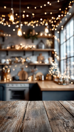 Wooden kitchen countertop in modern bright interior with blurred background.の素材