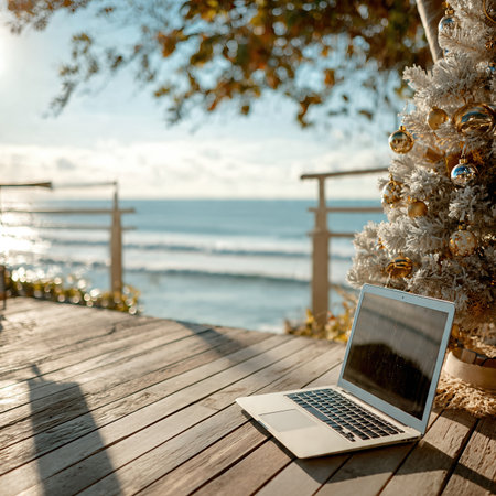 Laptop on wooden table with Christmas tree on tropical beach.の素材