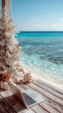 Laptop on wooden table with Christmas tree on tropical beach.の素材