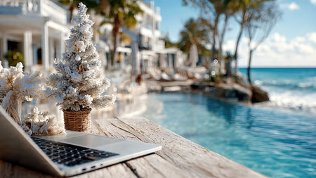 Laptop on wooden table with Christmas tree on tropical beach.の素材