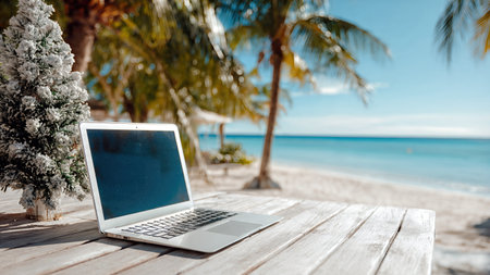 Laptop on wooden table with Christmas tree on tropical beach.の素材