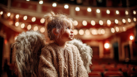 Children dressed as angels performing in Christmas holiday show.の素材