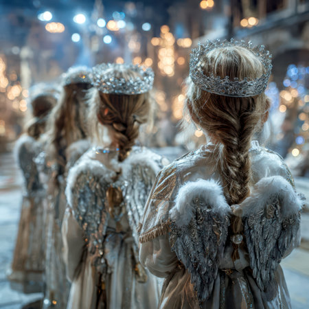 Children dressed as angels performing in Christmas holiday show.の素材