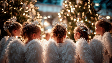 Children dressed as angels performing in Christmas holiday show.の素材